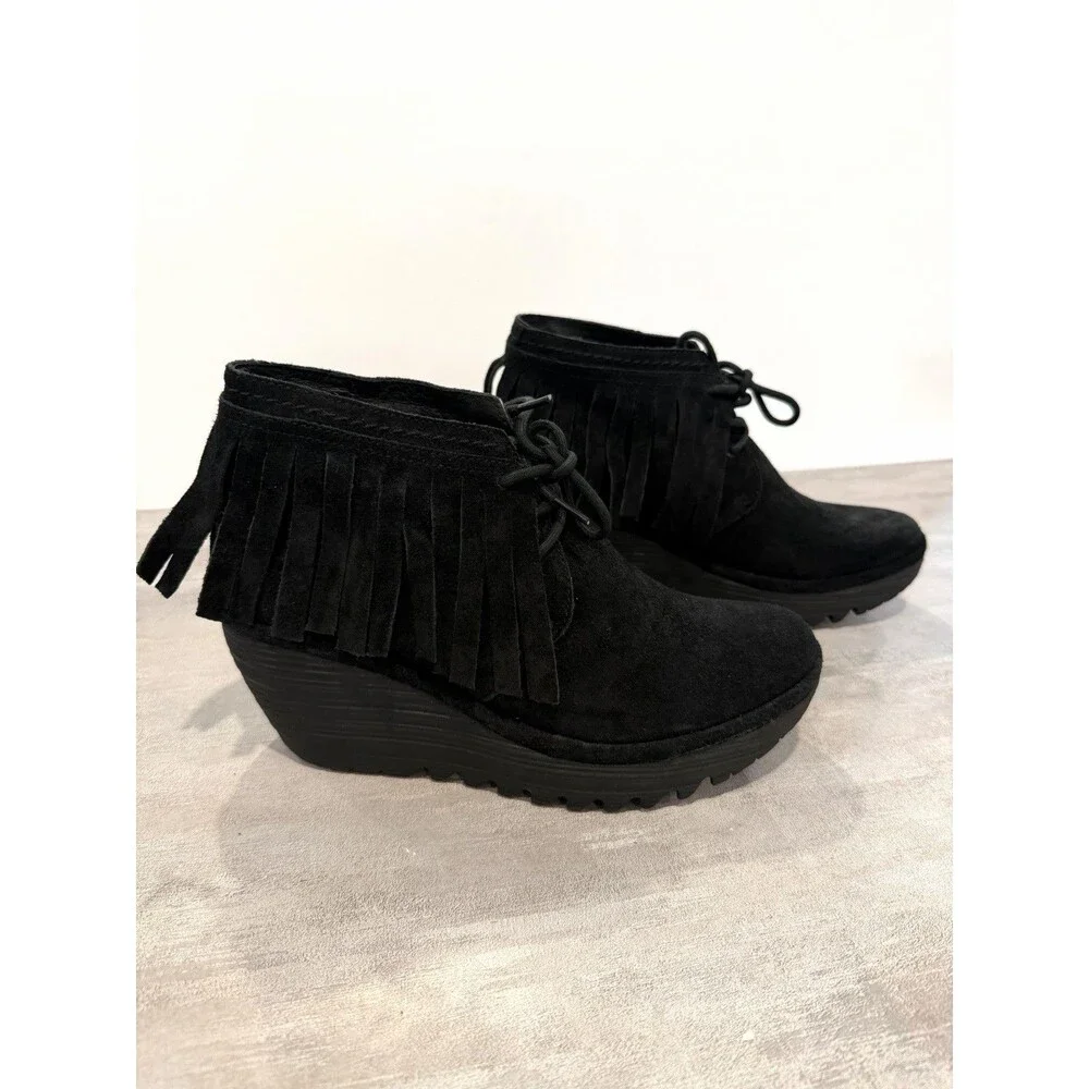 Fly London Yank Black Oil Suede Fringe Wedge Ankle Booties Boots US 7.5 EU 38